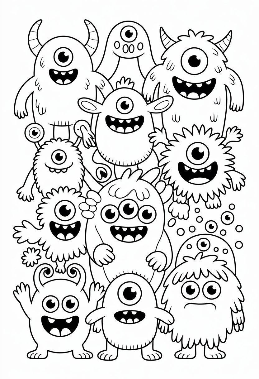 Coloring Pages Cute Ideas for Kids: 21 Engaging Designs to Inspire Creativity 37 A group of playful and friendly monsters with big eyes and wide smiles, each with unique shapes and features.